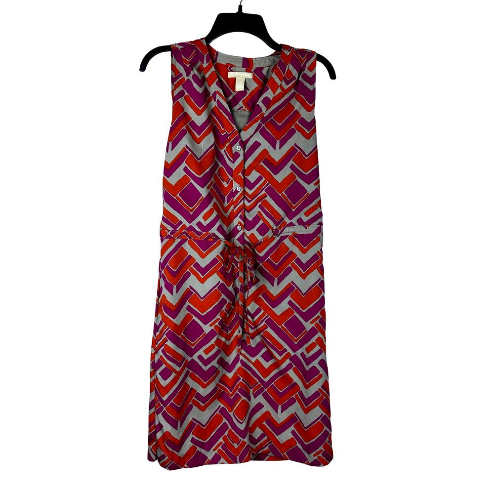Banana Republic Geometric Print‎ V Neck Waist Cinch Button Up Sleeveless Dress 6